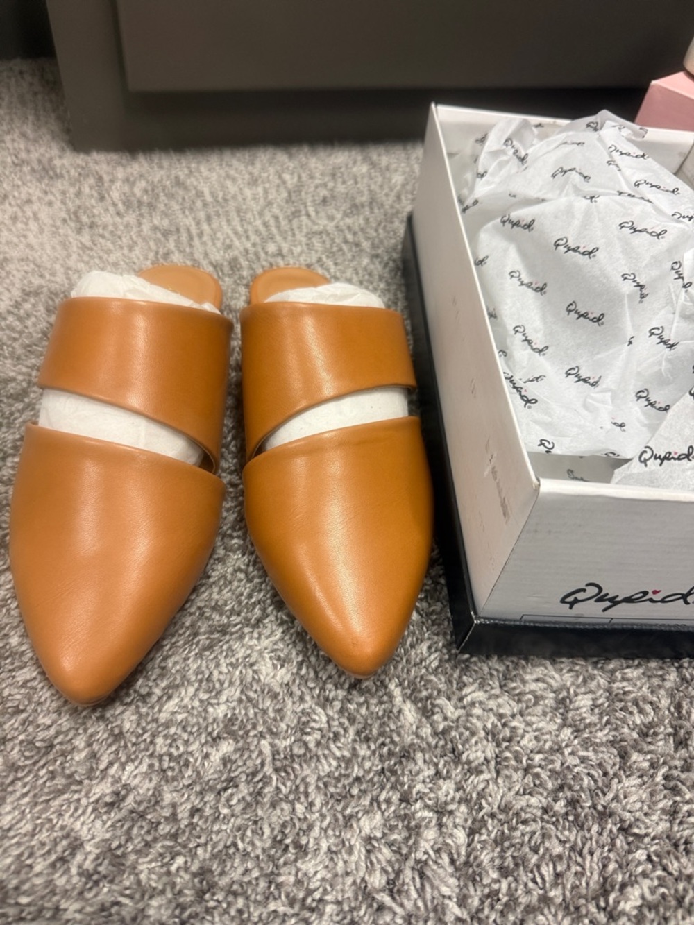 Qupid Cognac Pointed Toe Double-Strap Slide Mules